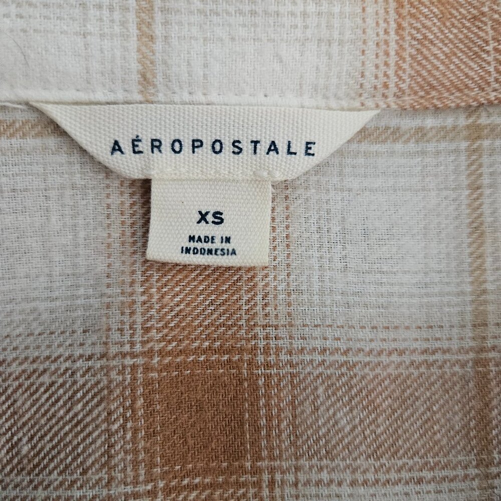 Aeropostale Long Sleeve Tan White Plaid Button-Down XS Shirt - Picture 6 of 8